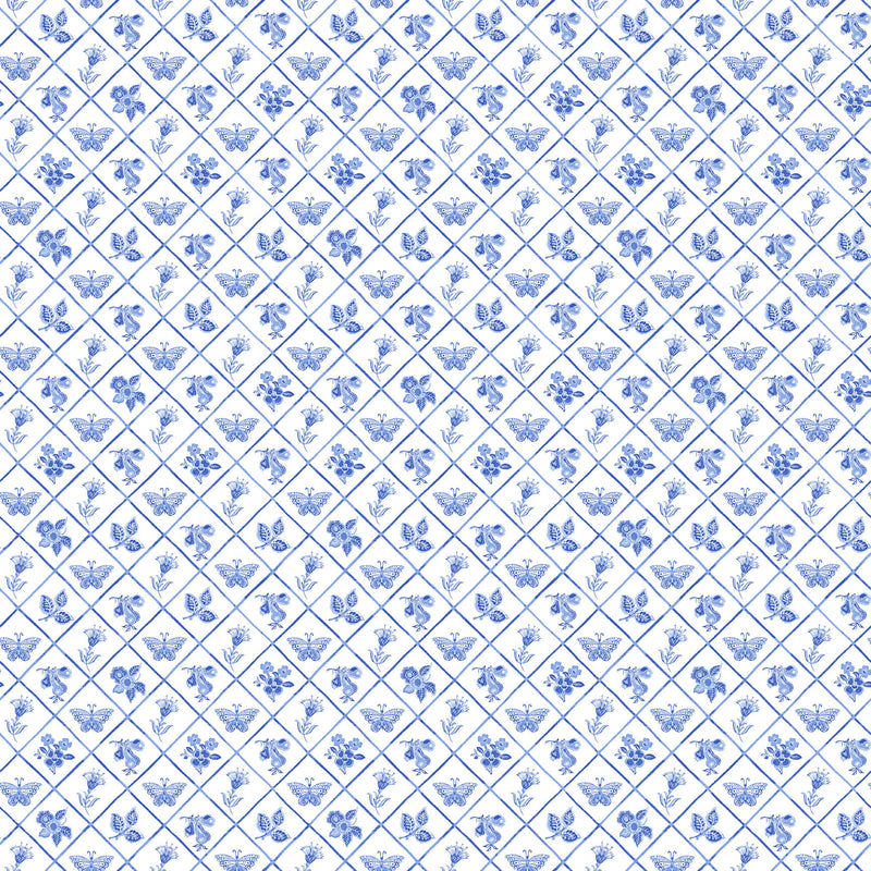 Delft Dynasty  by Northcott - White & Blue Flower Grid 28359-10